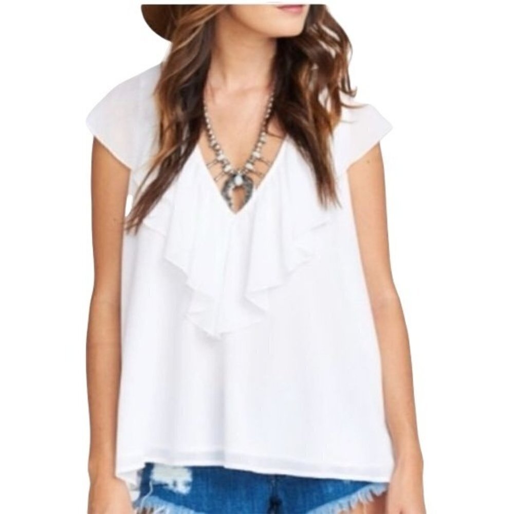 Show Me Your Mumu V Neck Easton Ruffle Sleeveless Blouse Top White Size Small